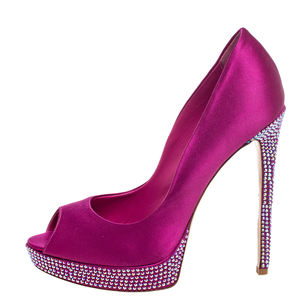 

Le Silla Purple Satin Crystal Embellished Platform Peep Toe Pumps Size