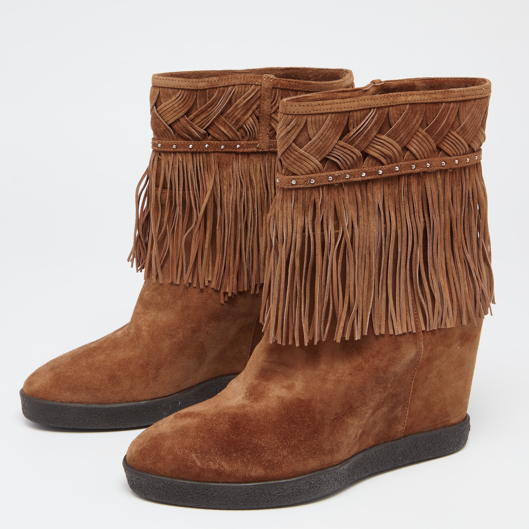 

Le Silla Brown Suede Concealed Fringed Wedge Boots Size