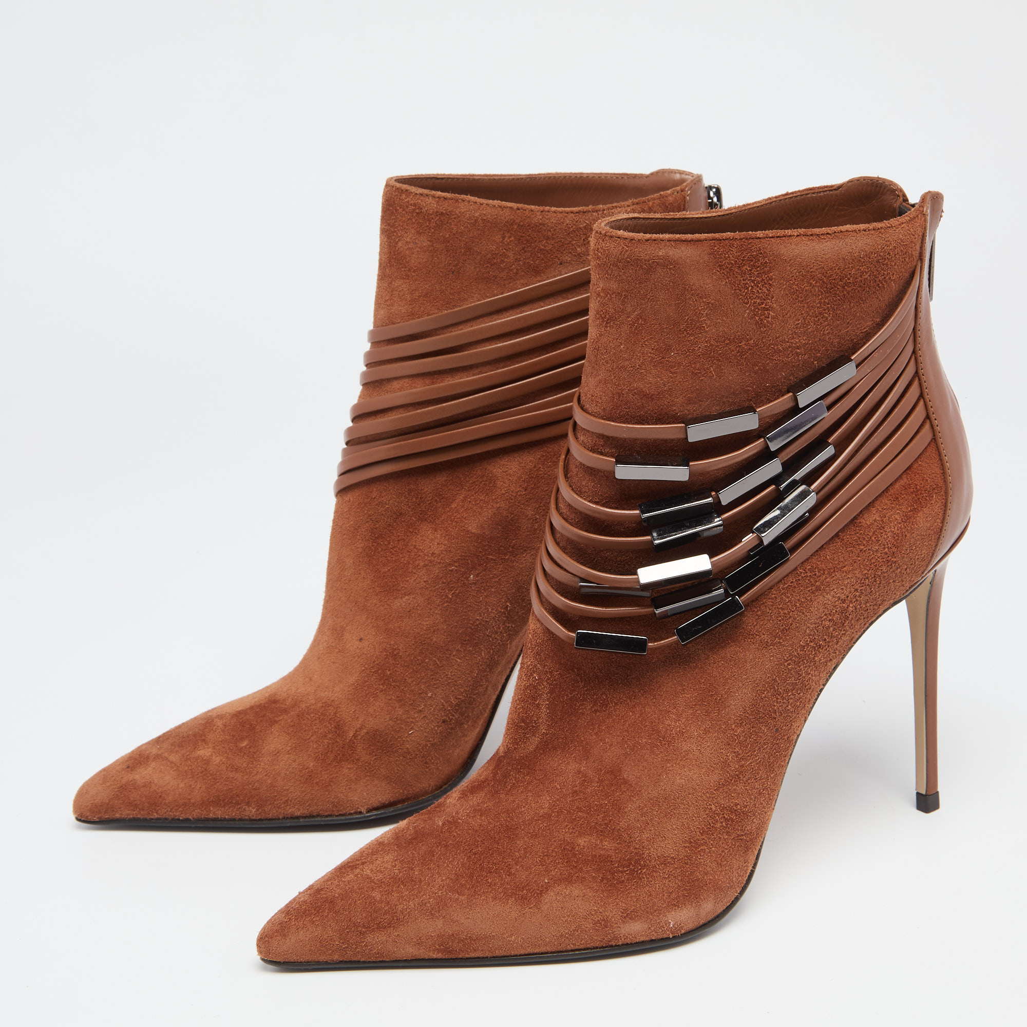 

Le Silla Brown Suede Strap Embellished Detail Ankle Booties Size