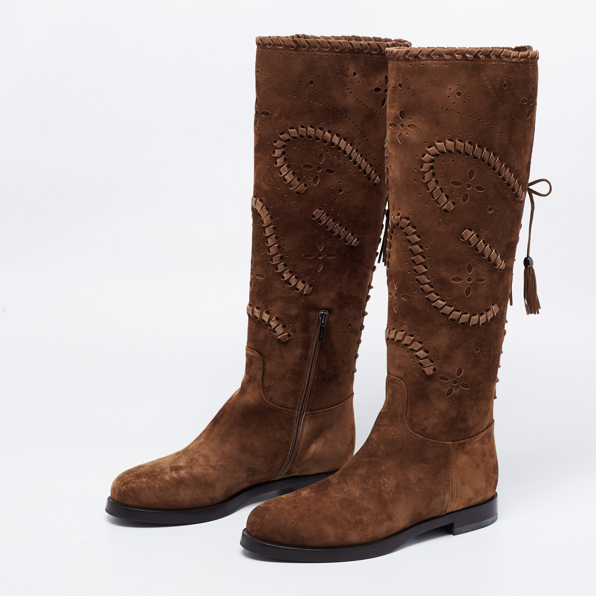 

Le Silla Brown Suede Laser Cutout Tassel Detail Knee Length Boots Size