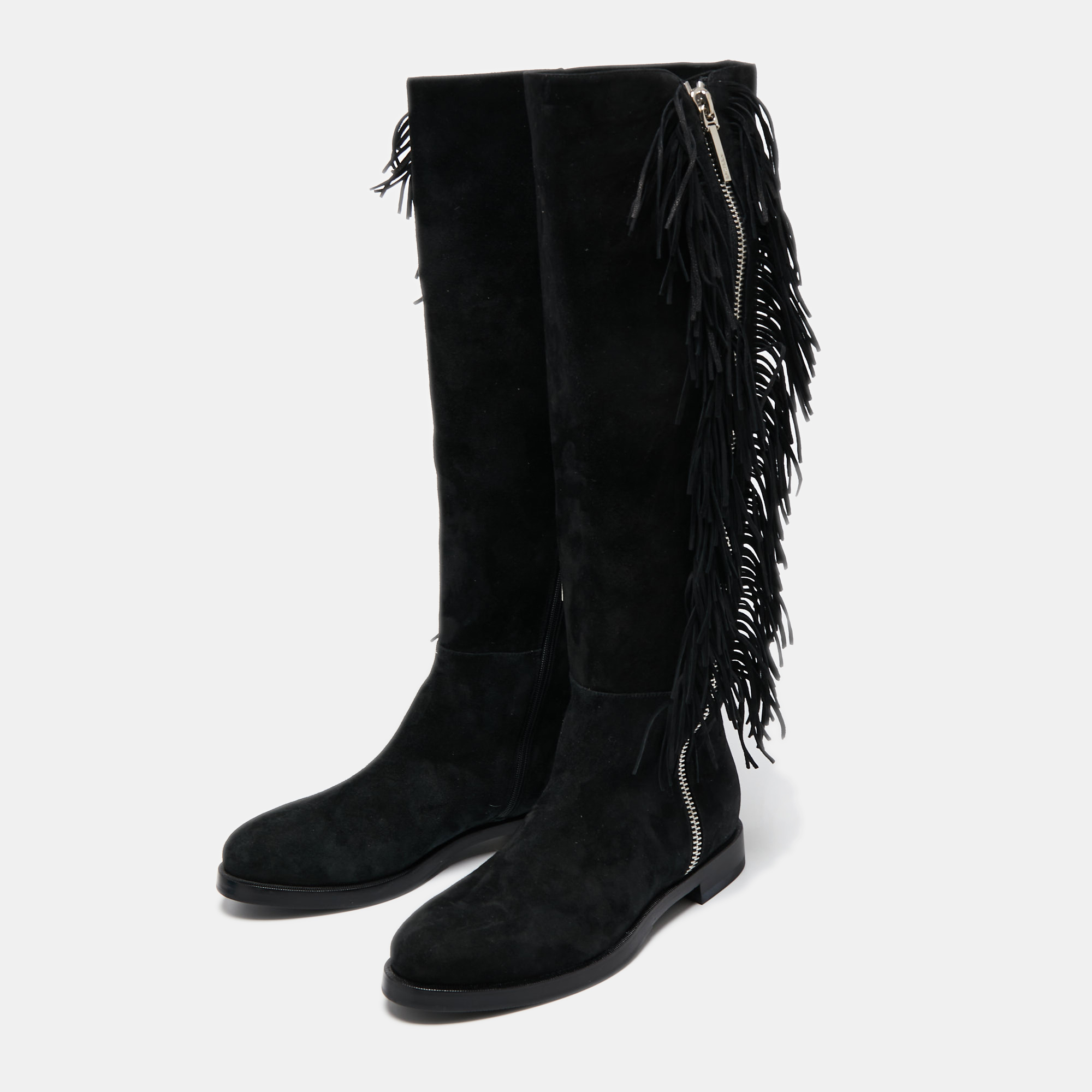 

Le Silla Black Suede Fringe Trim Knee Length Boots Size