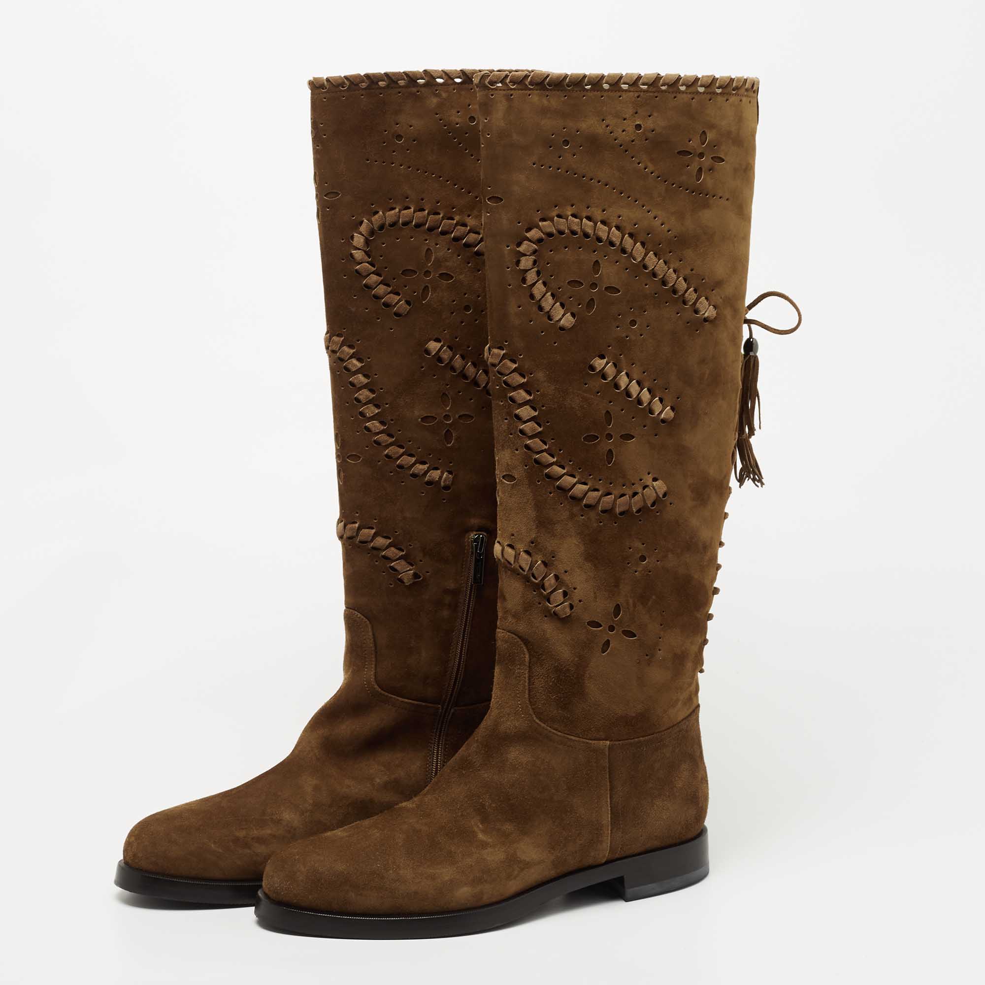 

Le Silla Brown Suede Laser Cutout Tassel Detail Knee Length Boots Size