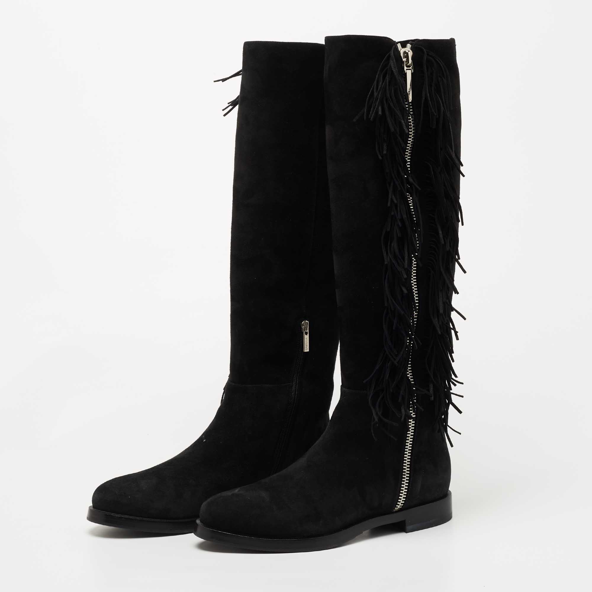 

Le Silla Black Suede Fringe Trim Knee Length Boots Size