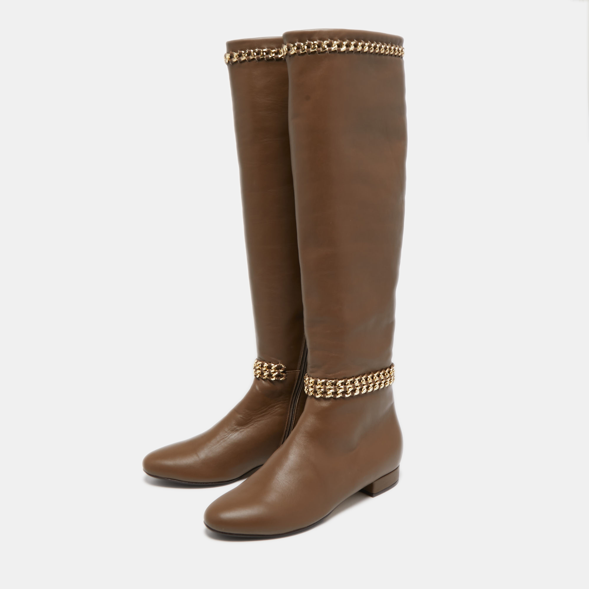 

Le Silla Brown Leather Chain Details Knee Length Boots Size