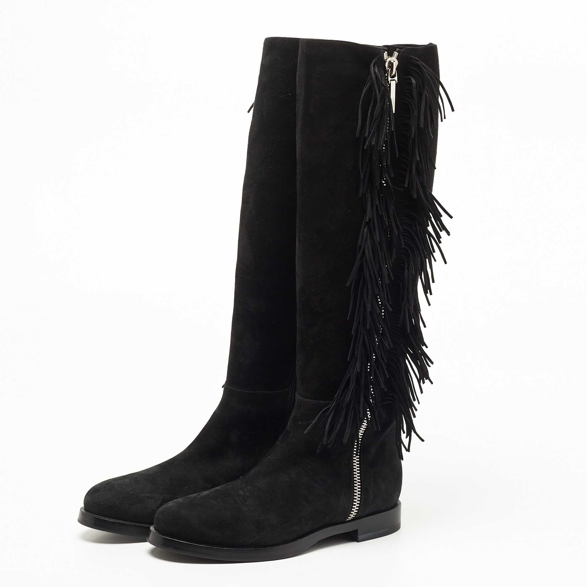 

Le Silla Black Suede Fringe Detail Knee Length Boots Size