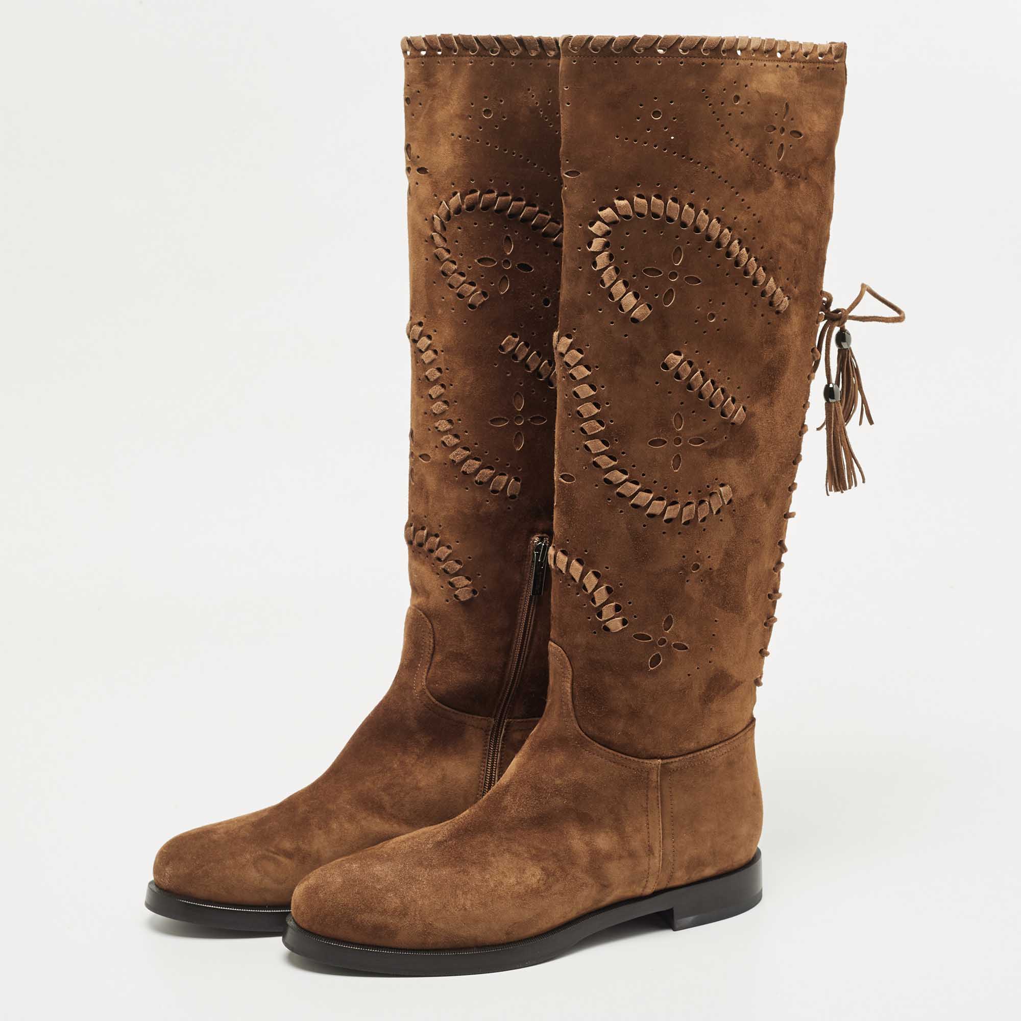

Le Silla Brown Laser Cut Suede Whip Stitch And Tassel Detail Knee Length Boots Size