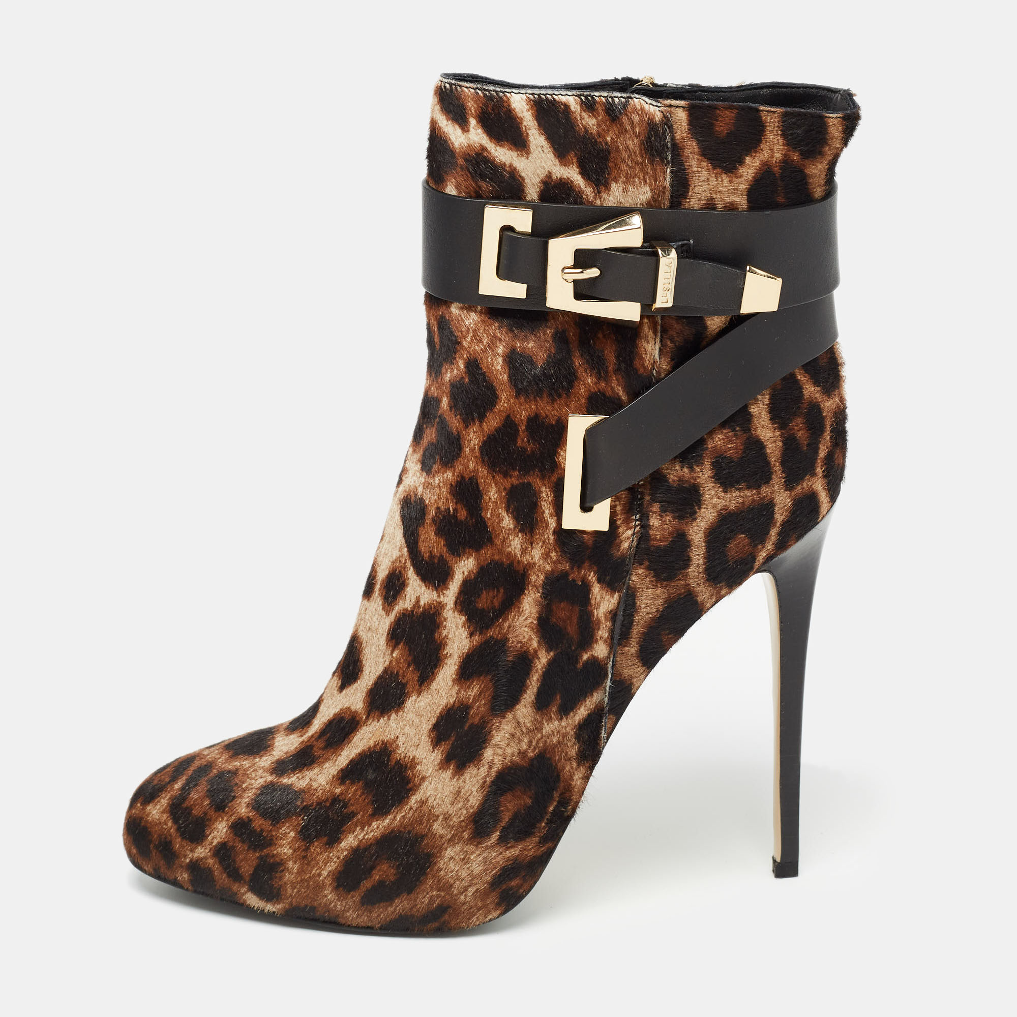 

Le Silla Brown/Black Calf Hair Leopard Print Buckle Ankle Boots Size