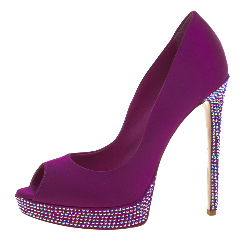 

Le Silla Purple Satin Crystal Embellished Platform Peep Toe Pumps Size