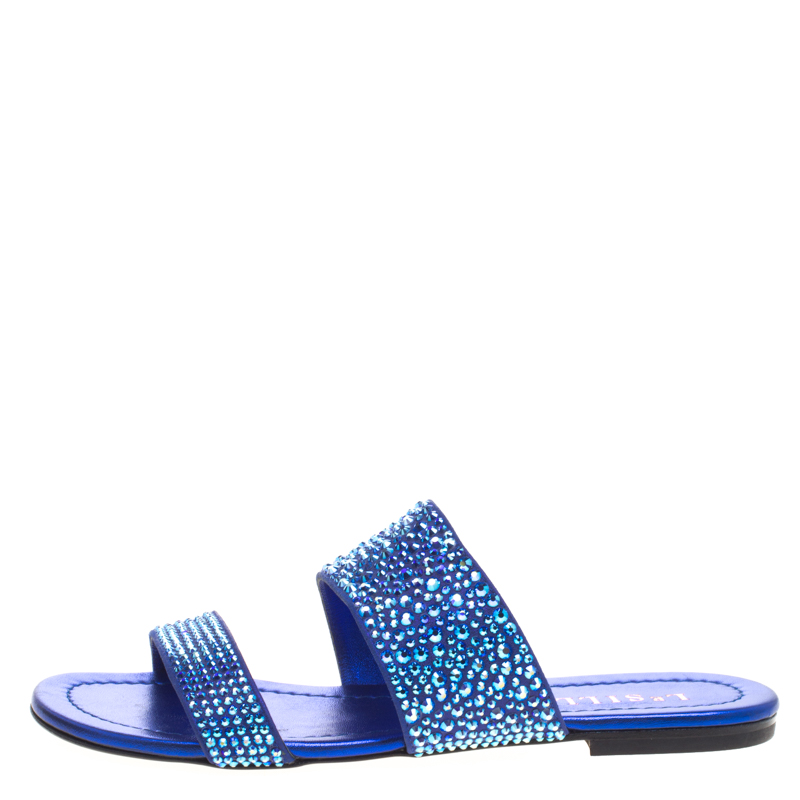 

Le Silla Blue Crystal Embellished Suede Flat Slides Size