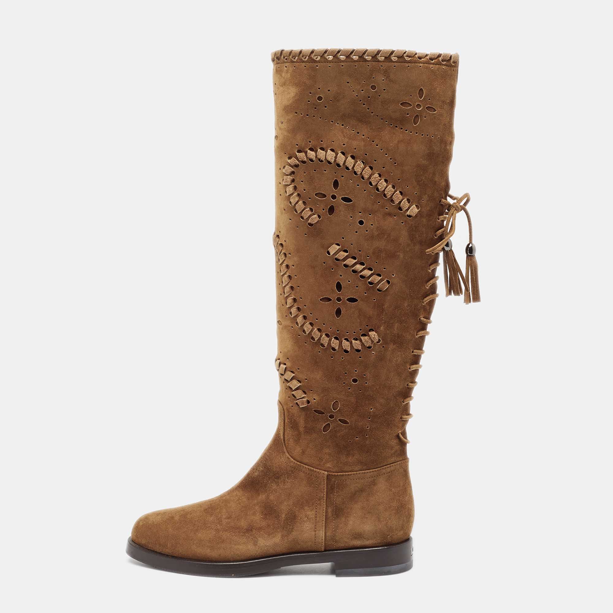 

Le Silla Brown Laser Cut Suede Whipstitched Knee Length Boots Size
