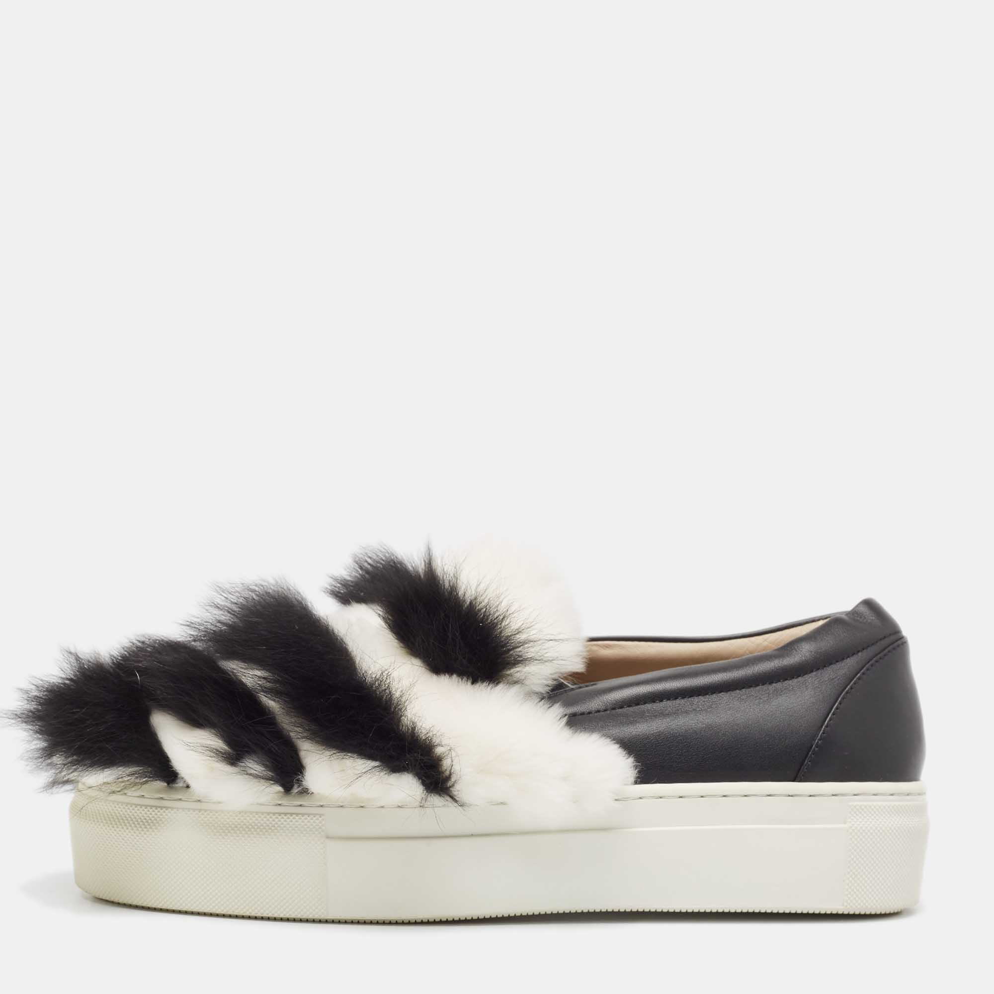 

Le Silla Black/White Leather and Mink Fur Slip On Sneakers Size