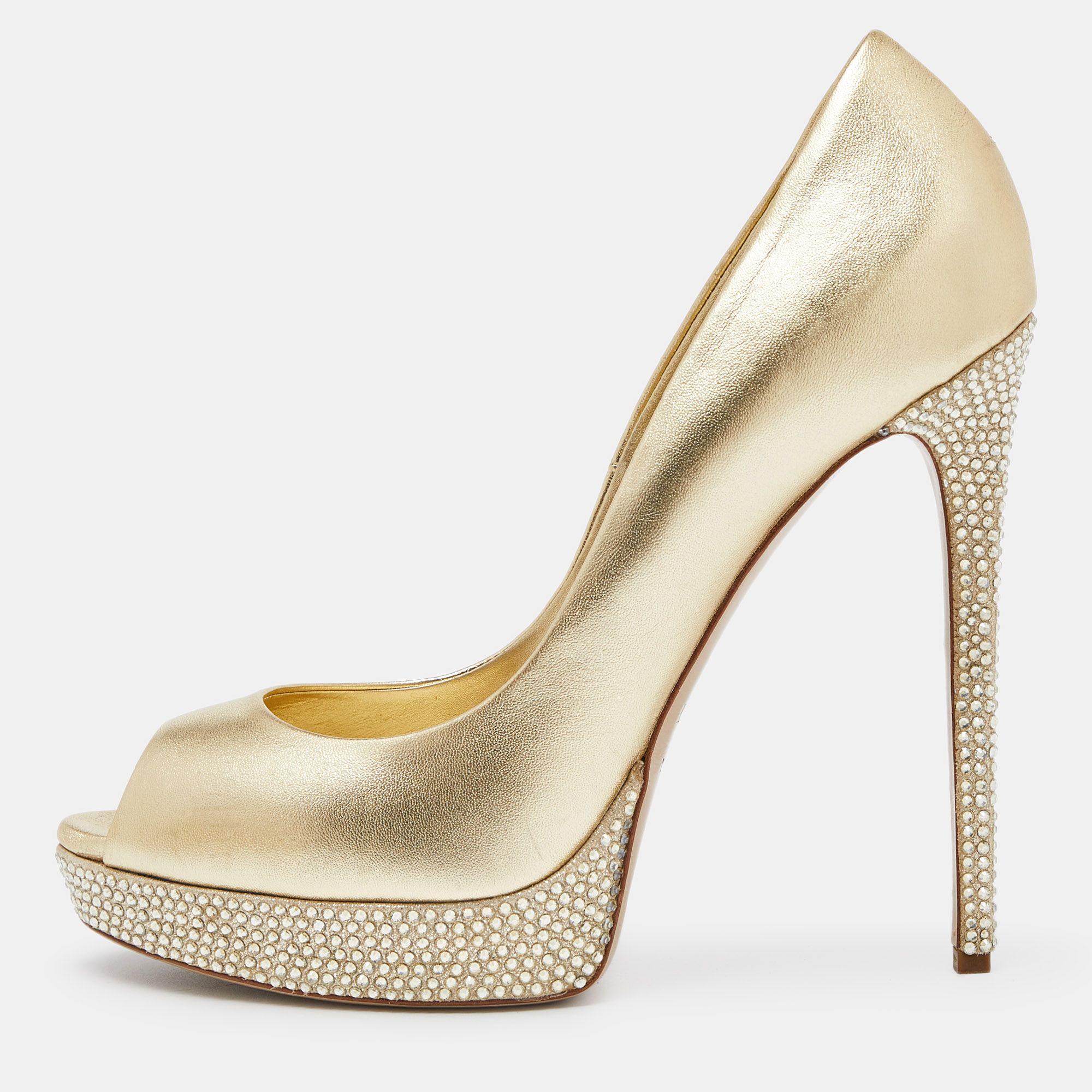 

Le Silla Gold Leather Crystal Embellished Platform Peep Toe Pumps Size