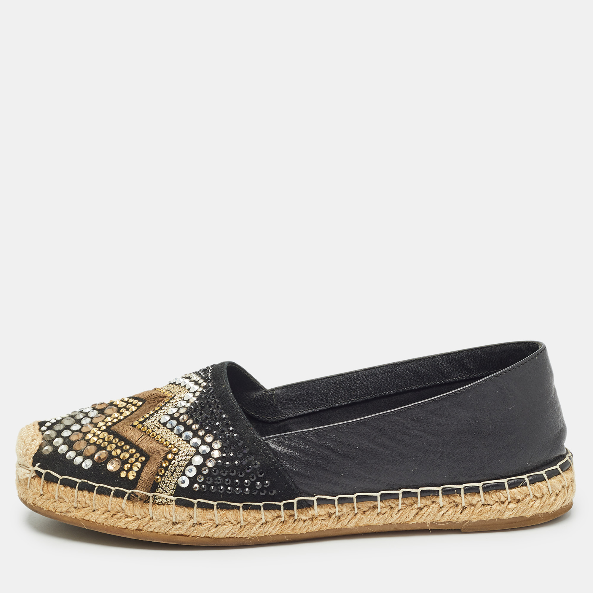 

Le Silla Black Leather and Embellished Suede Espadrille Flats Size