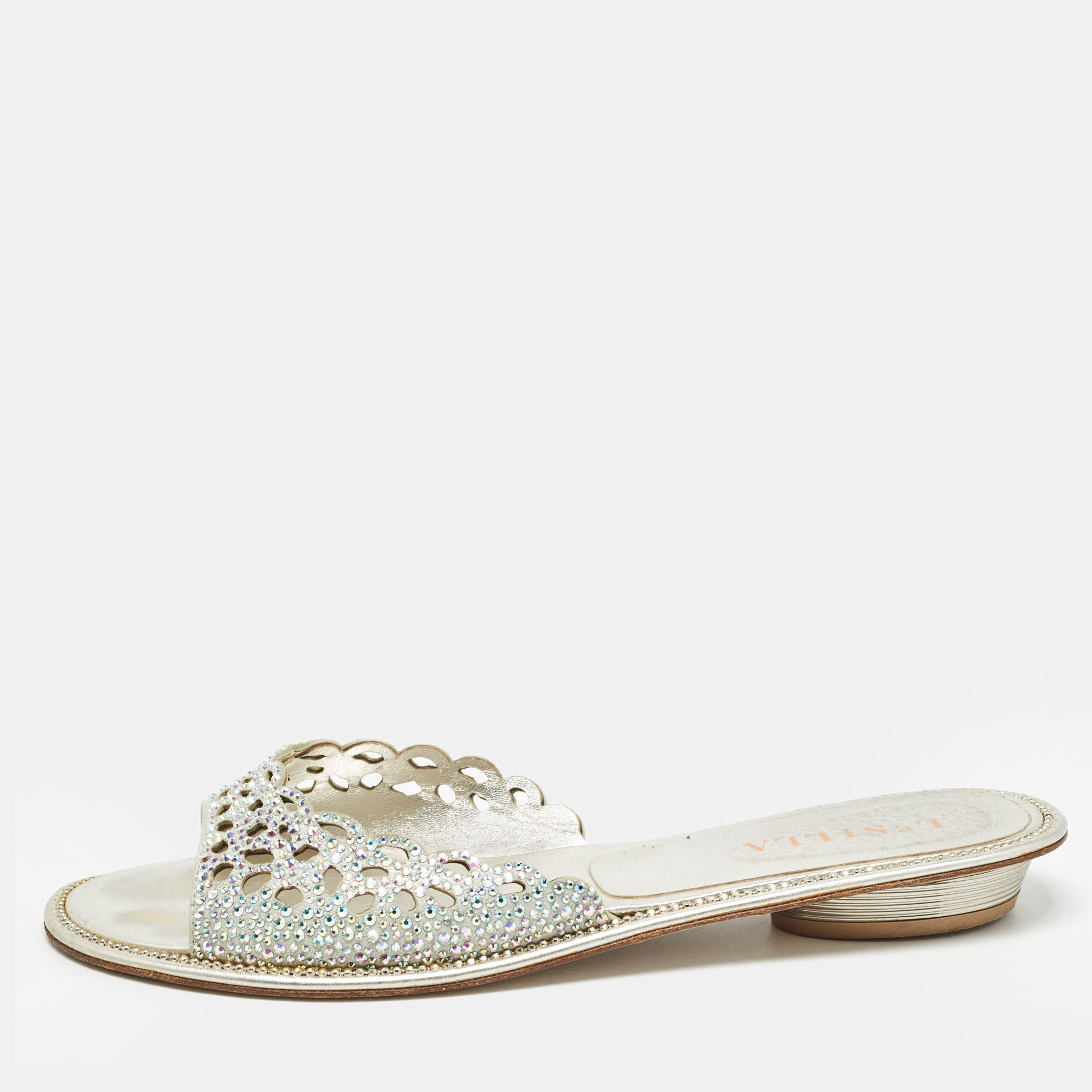 

Le Silla Silver Crystal Embellished Textured Suede Flat Slides Size