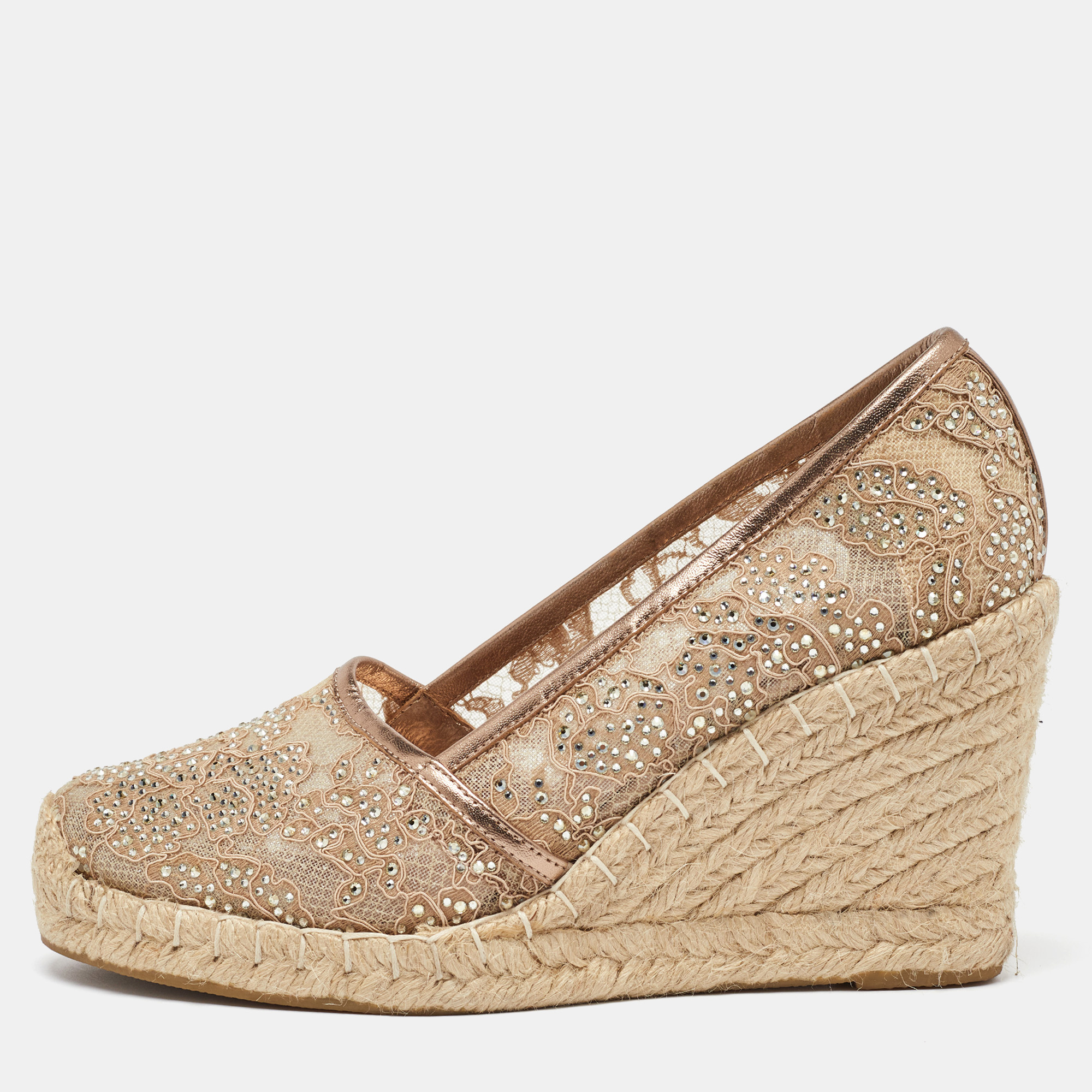 

Le Silla Metallic Beige/Gold Lace and Leather Espadrille Wedge Pumps Size