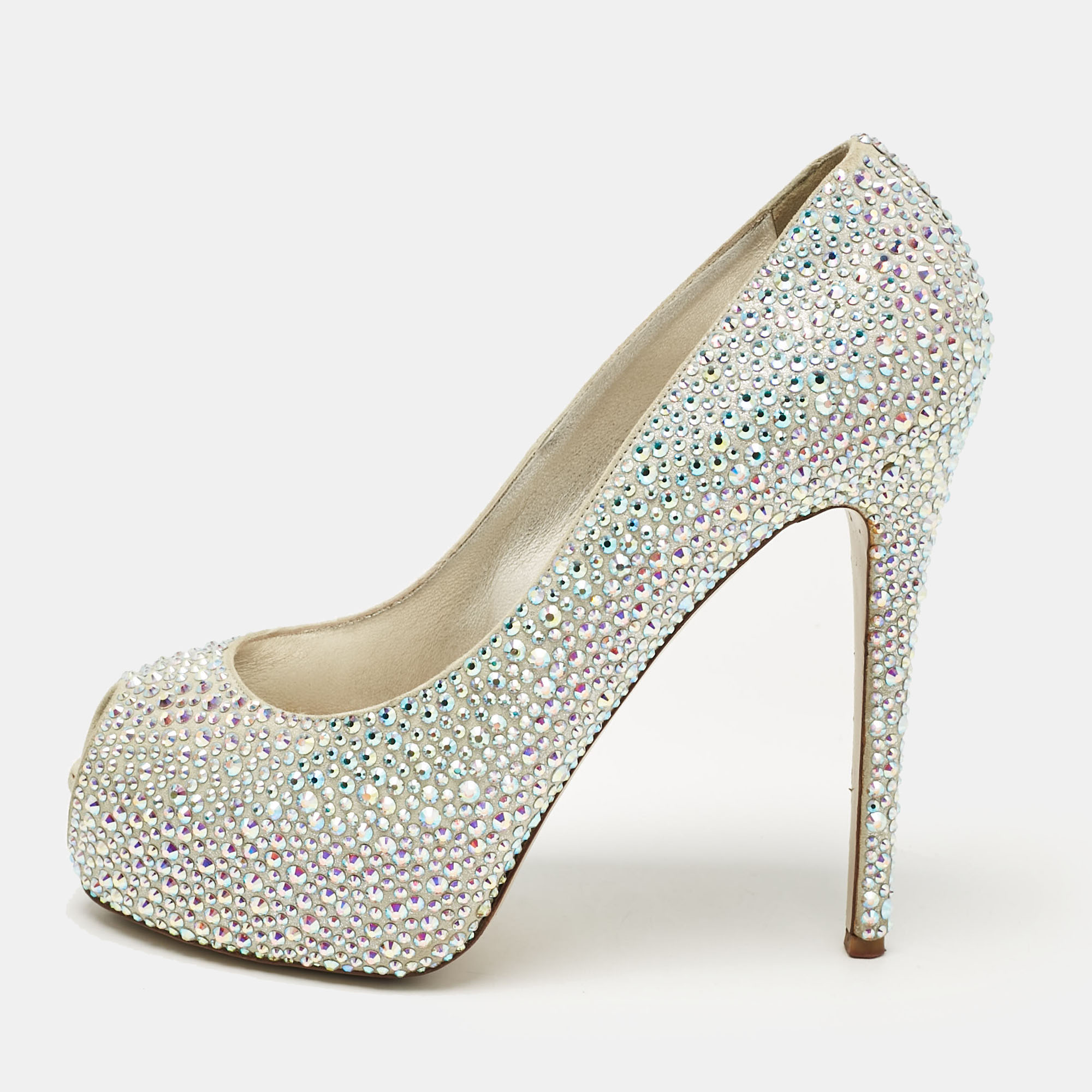 

Le Silla Silver Crystal Embellished Suede Peep Toe Platform Pumps Size