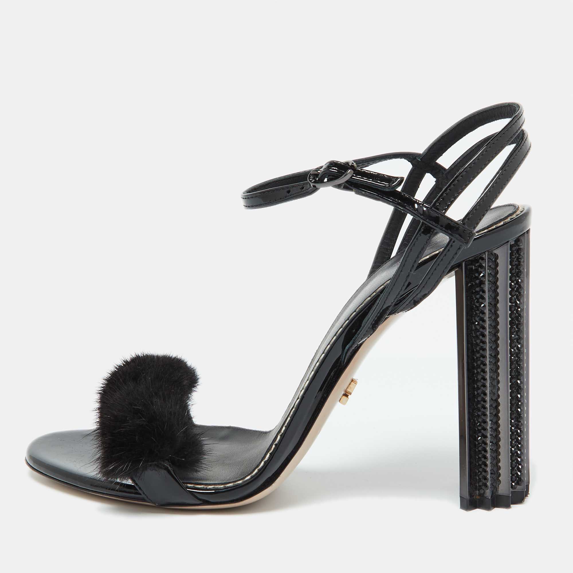 

Le Silla Black Fox Fur and Patent Leather Ankle Strap Sandals Size