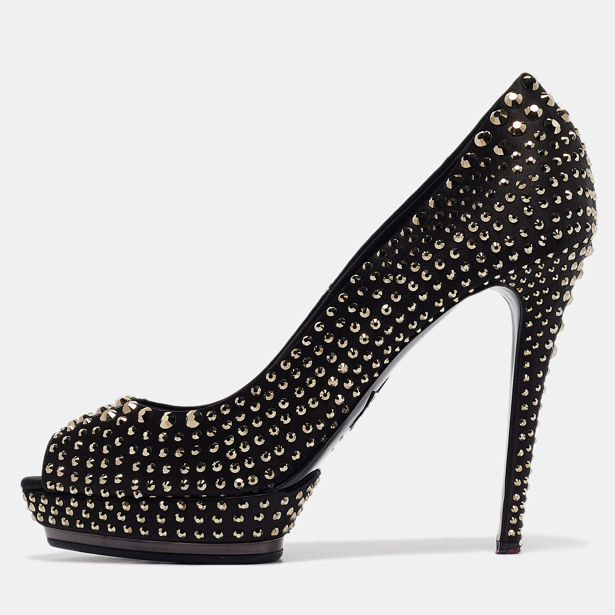 

Le Silla Black Satin Crystals Peep Toe Pumps Size