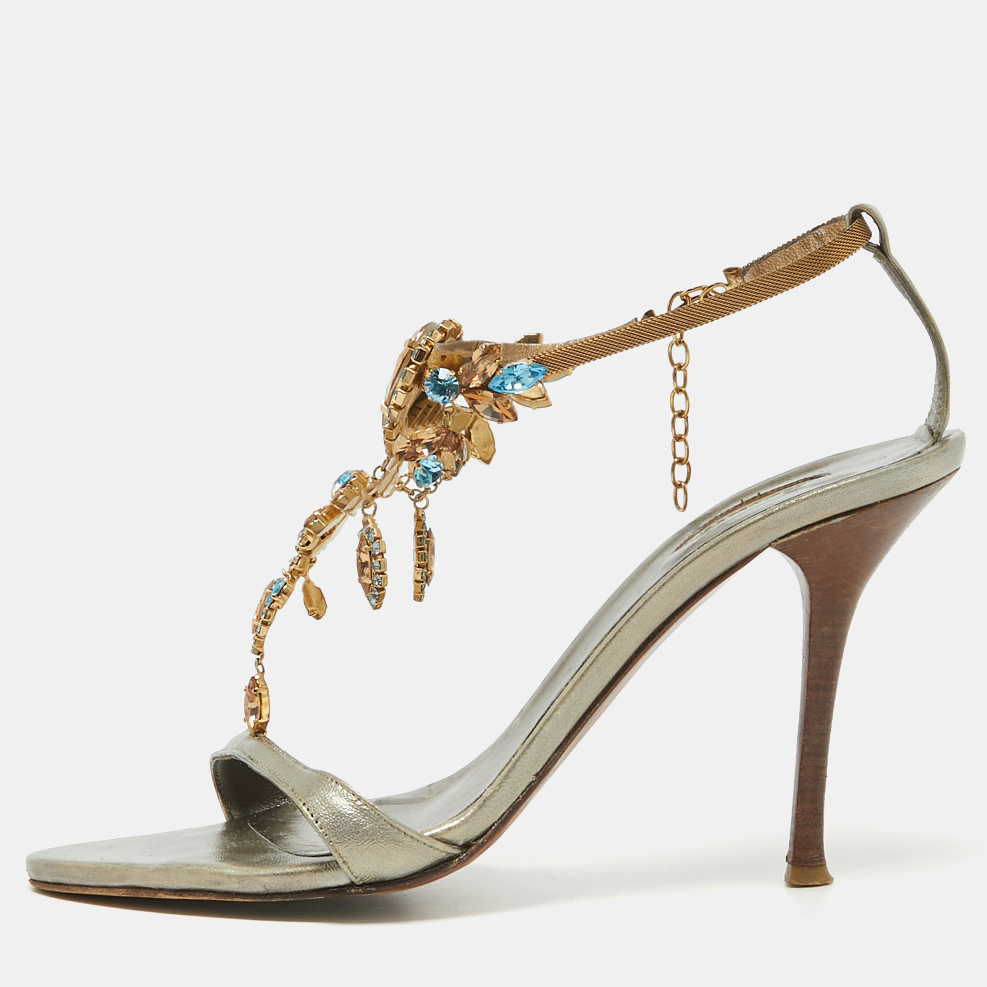 

Le Silla Metallic Leather Crystal Embellished Ankle Strap Sandals Size