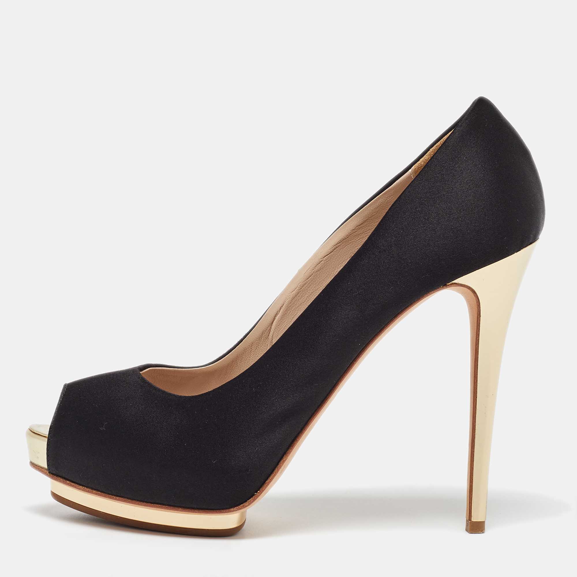 

Le Silla Black Satin Peep Toe Platform Pumps Size