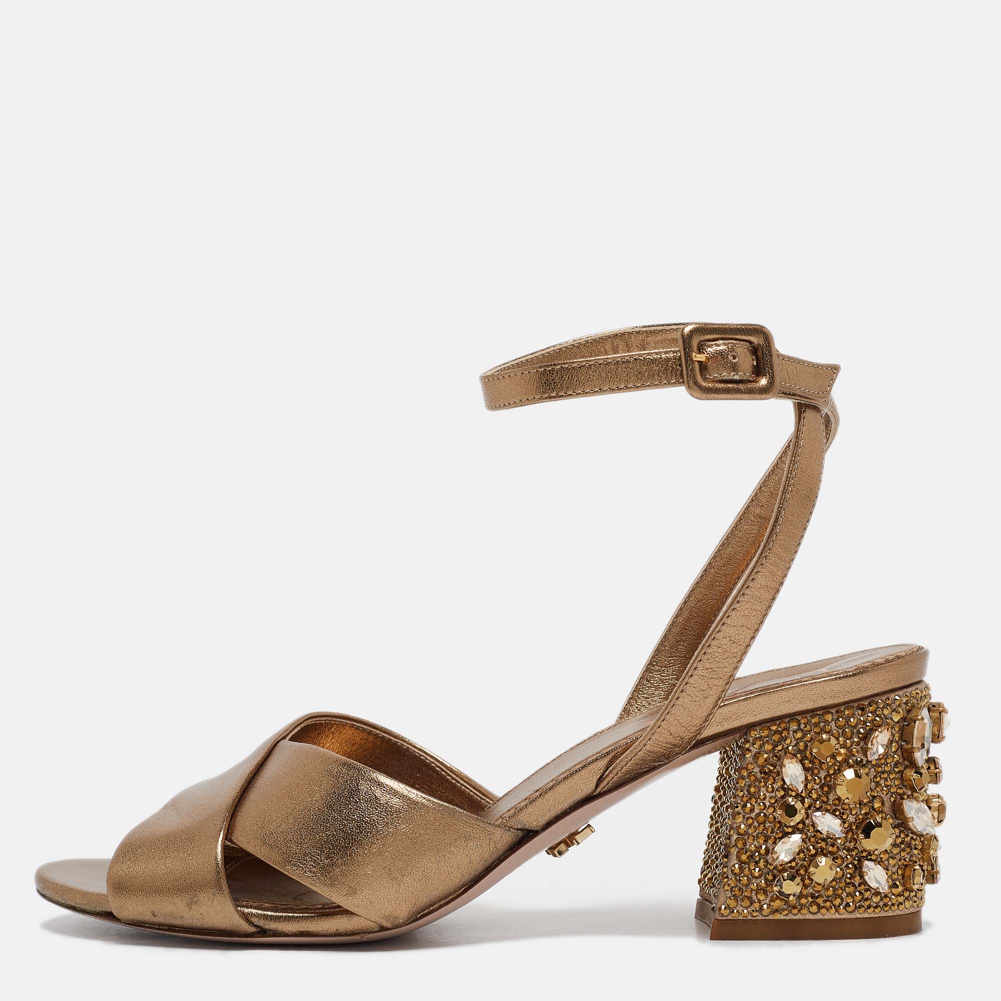 

Le Silla Metallic Leather Ankle Crystal Embellished Strap Sandals Size