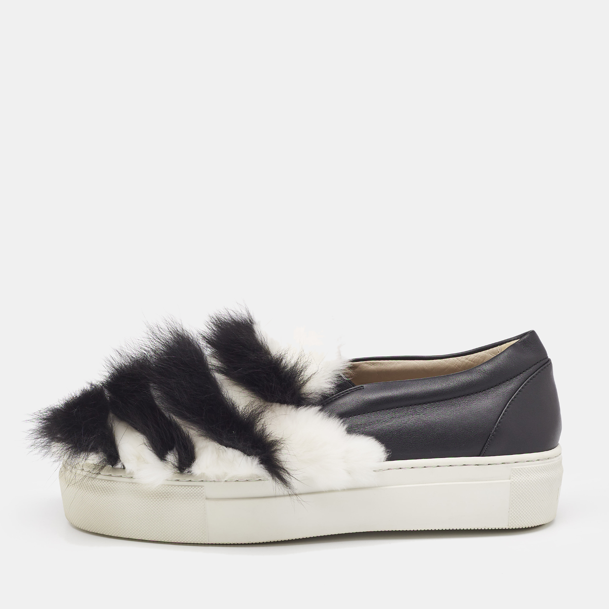 

Le Silla Black/White Leather and Faux Fur Slip On Sneakers Size