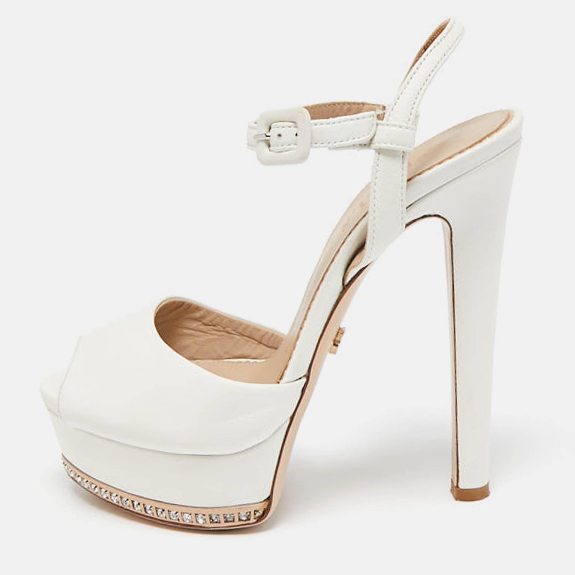 

Le Silla White Leather Crystal Platform Ankle Strap Sandals Size