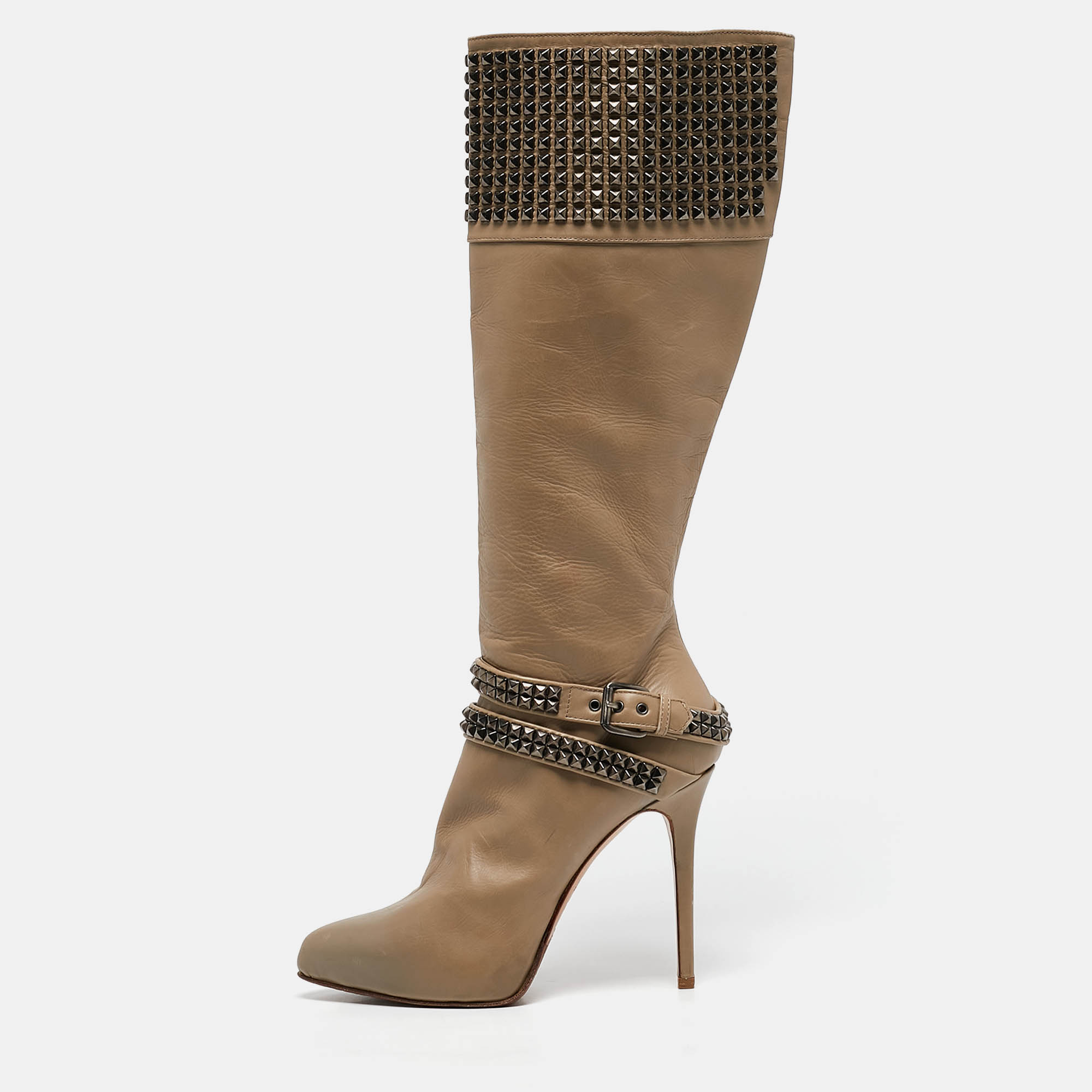 

Le Silla Beige Leather Studded Platform Knee Length Boots Size