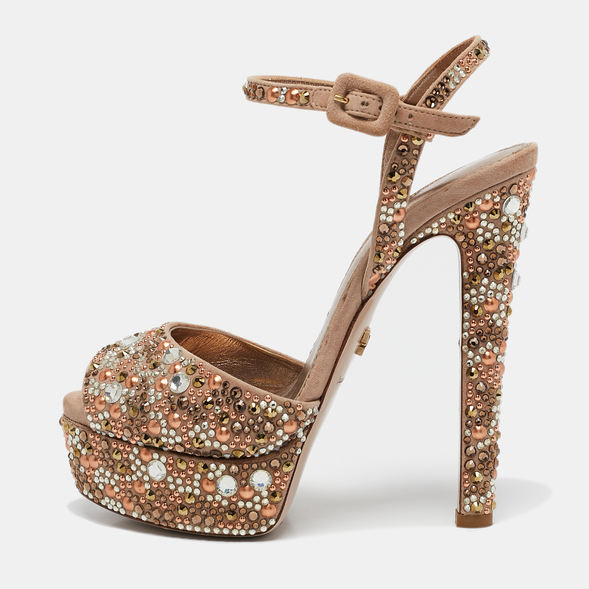 

Le Silla Beige Suede Crystal Embellished Platform Ankle Strap Sandals Size