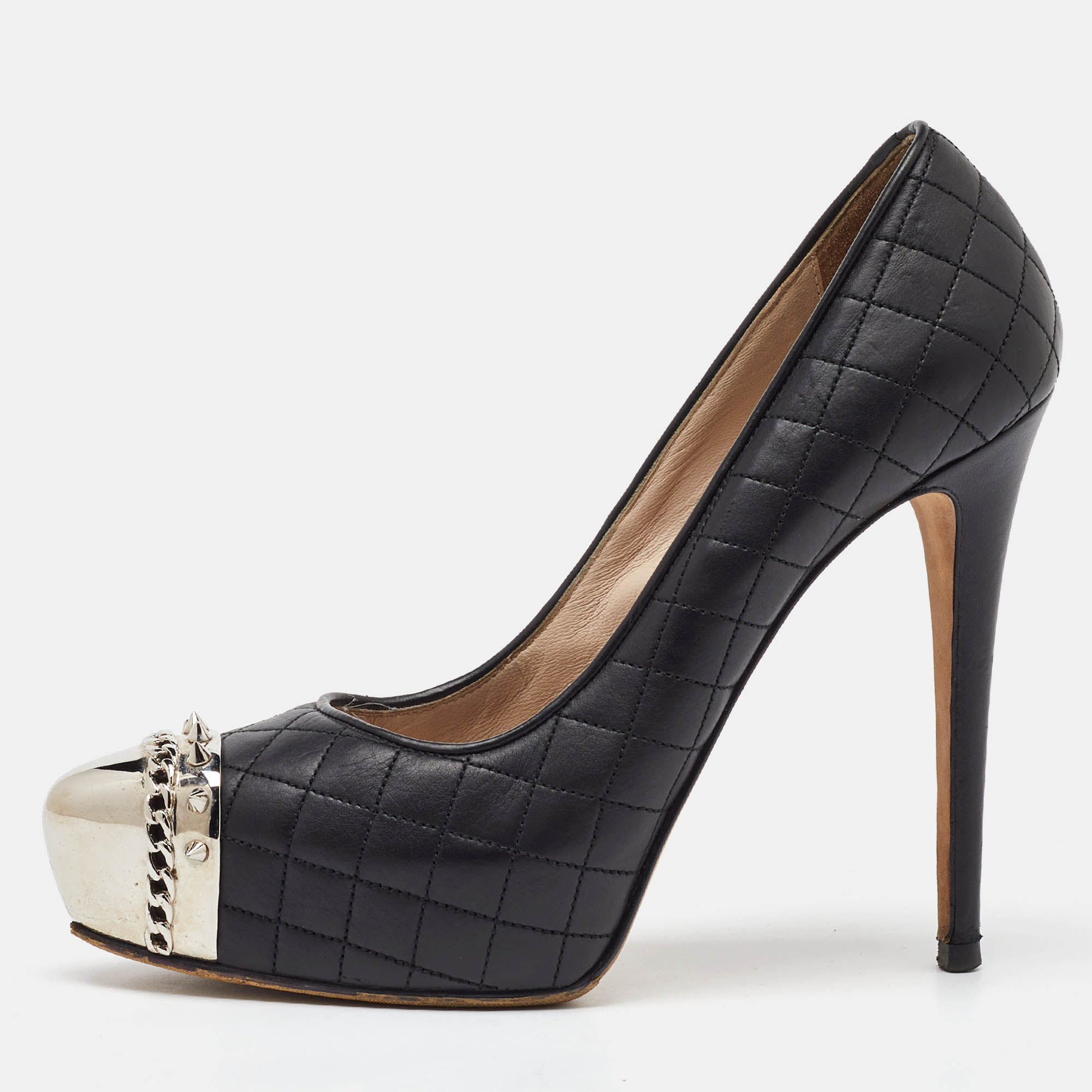 

Le Silla Black Quilted Leather Metal Cap Toe Platform Pumps Size