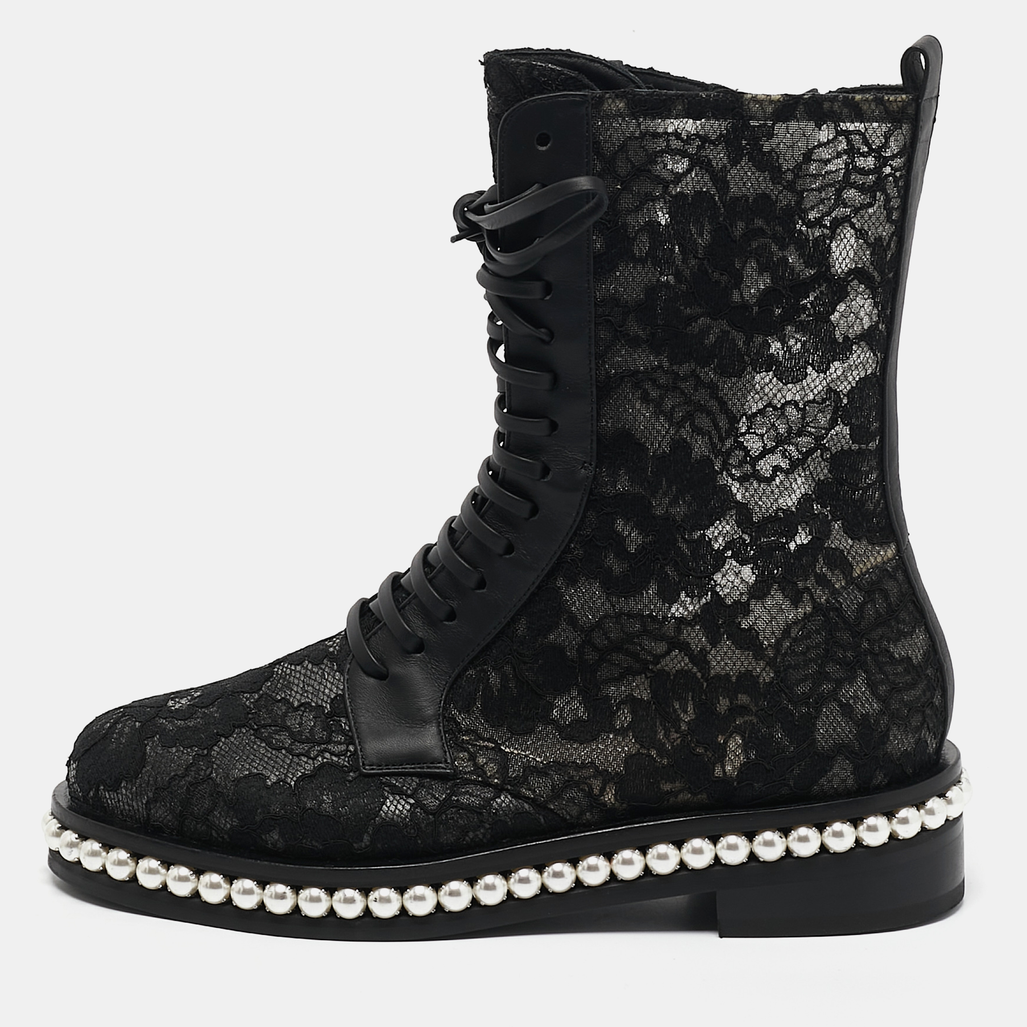 

Le Silla Black Lace and Leather Pearl Embellished Combat Boots Size