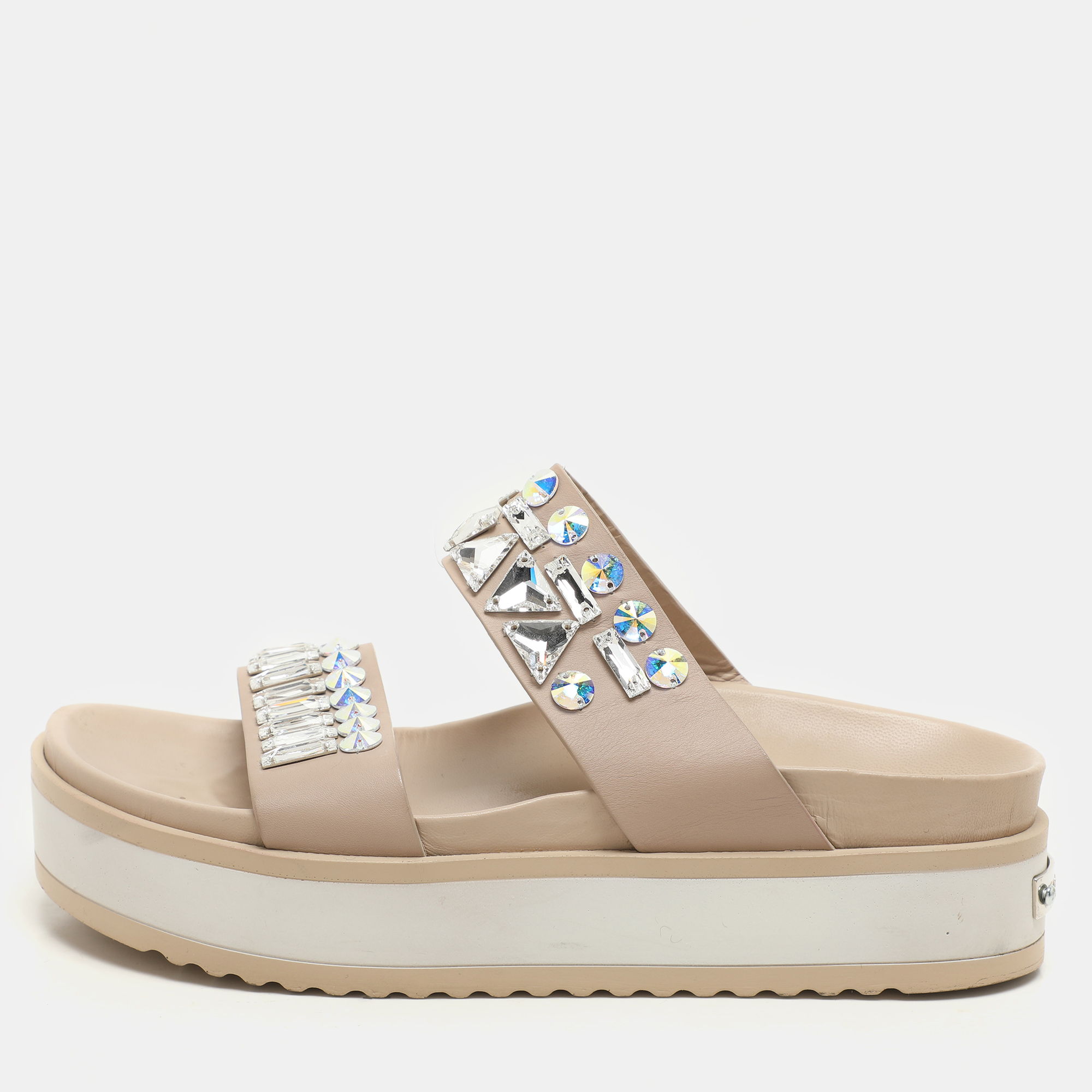 

Le Silla Beige Leather Crystal Embellished Platform Sandals Size 37