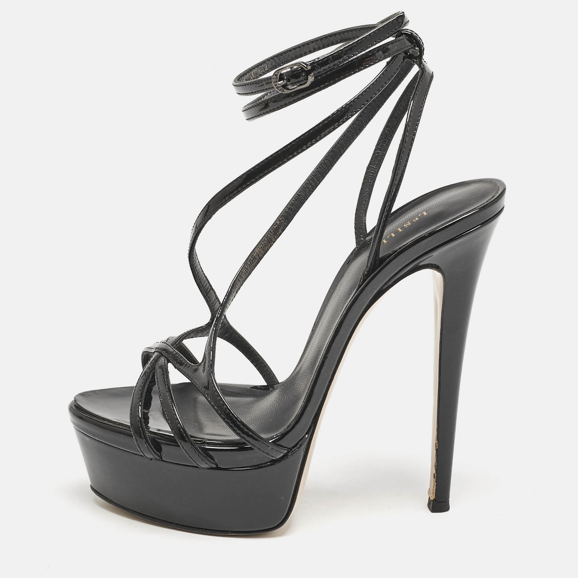 Pre-owned Le Silla Black Patent Leather Belen Ankle Strap Sandals Size 36