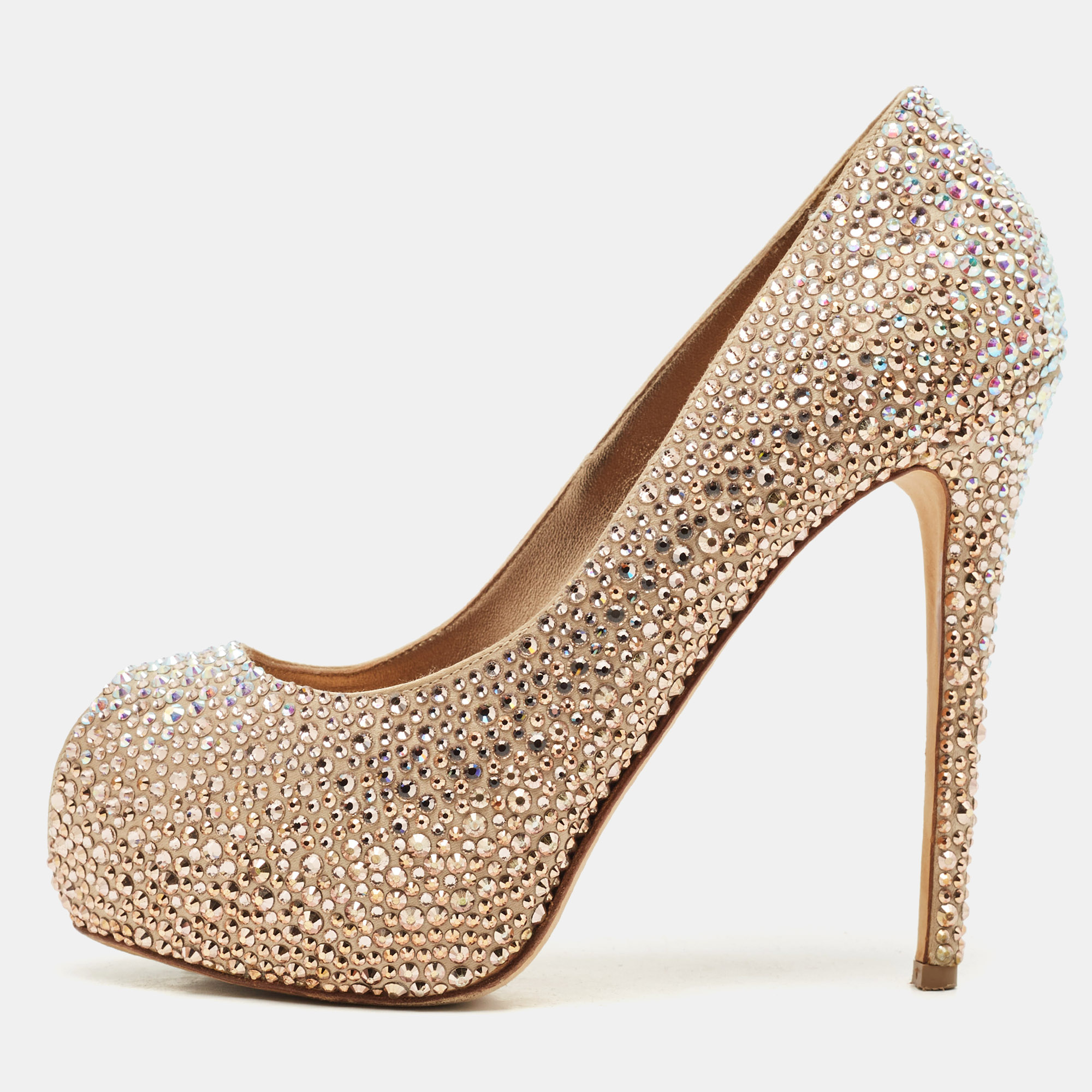 

Le Silla Metallic Beige Satin Crystal Embellished Peep Toe Platform Pumps Size