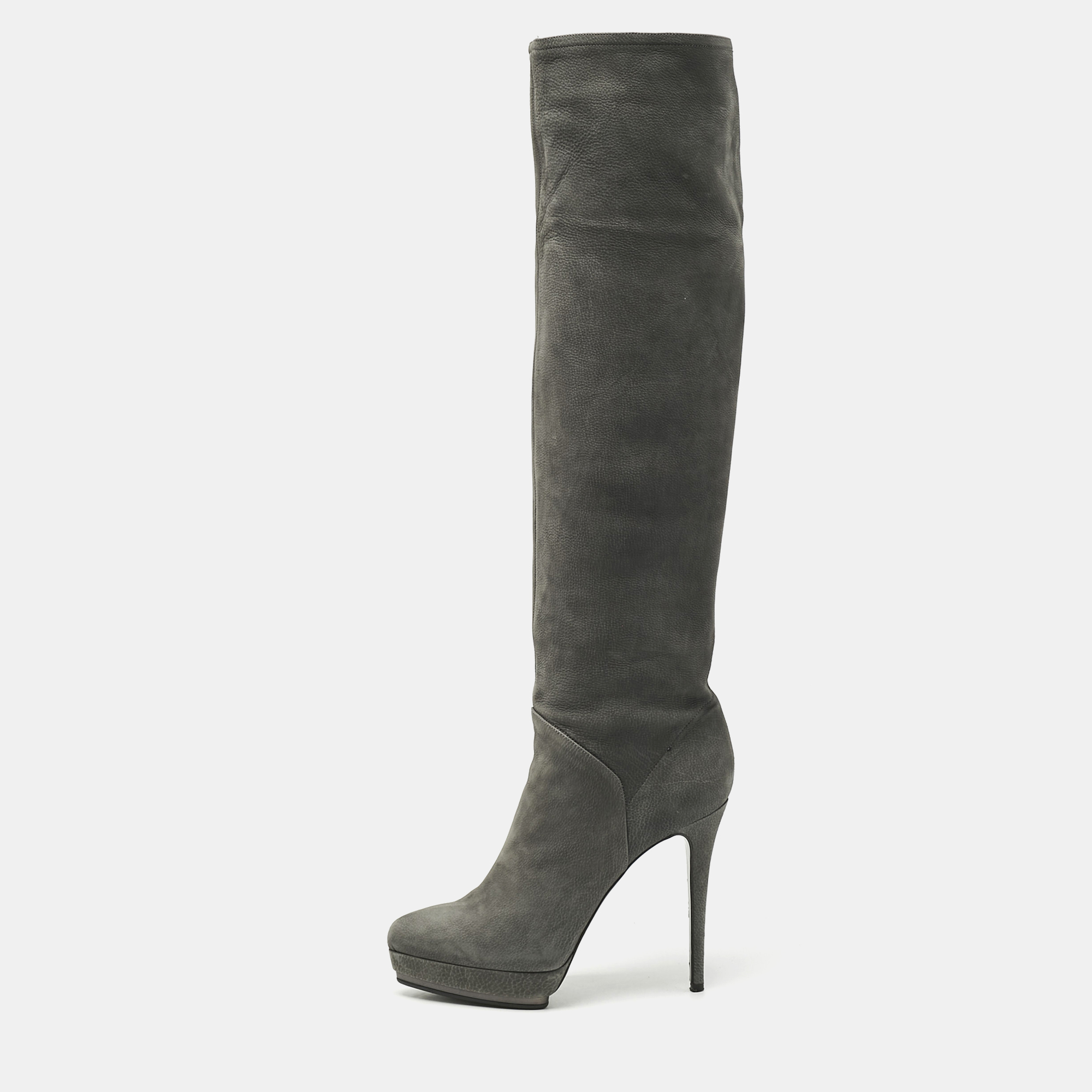 Pre-owned Le Silla Grey Nubuck Leather Velour Knee Length Boots Size 38 In Gray