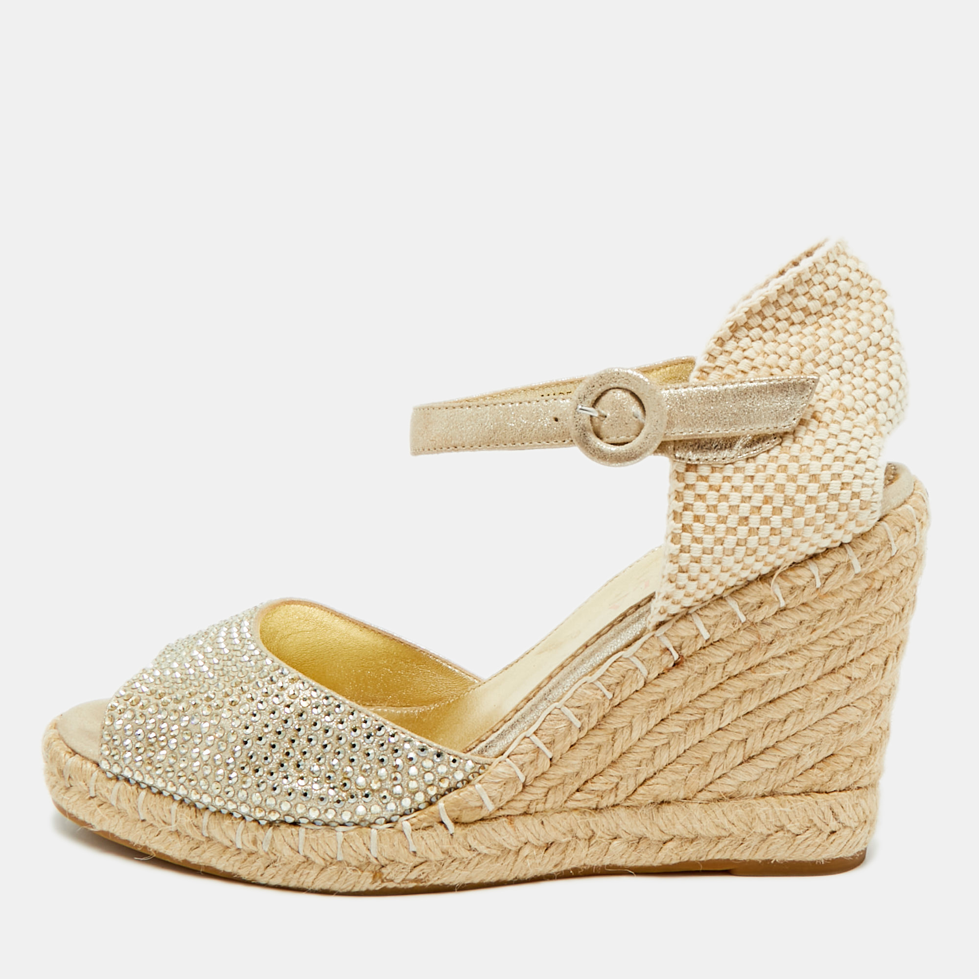 Pre-owned Le Silla Gold Leather And Suede Crystal Embellished Espadrille Wedge Sandals Size 38