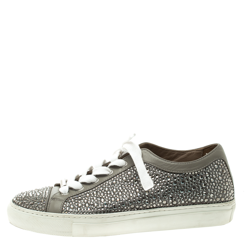 

Le Silla Grey Crystal Embellished Leather Lace Up Sneakers Size