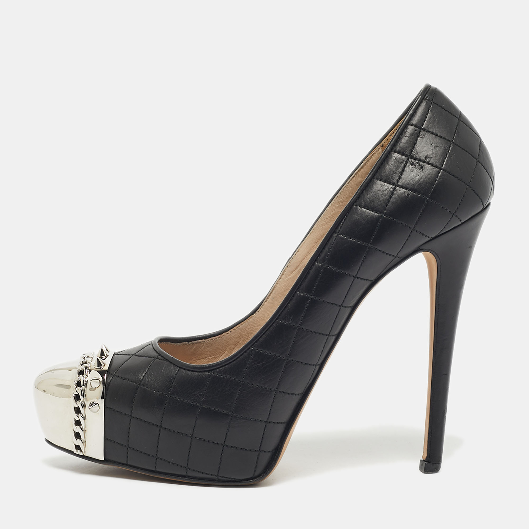 Pre-owned Le Silla Black Quilted Leather Spikes Platform Pumps Size 36.5