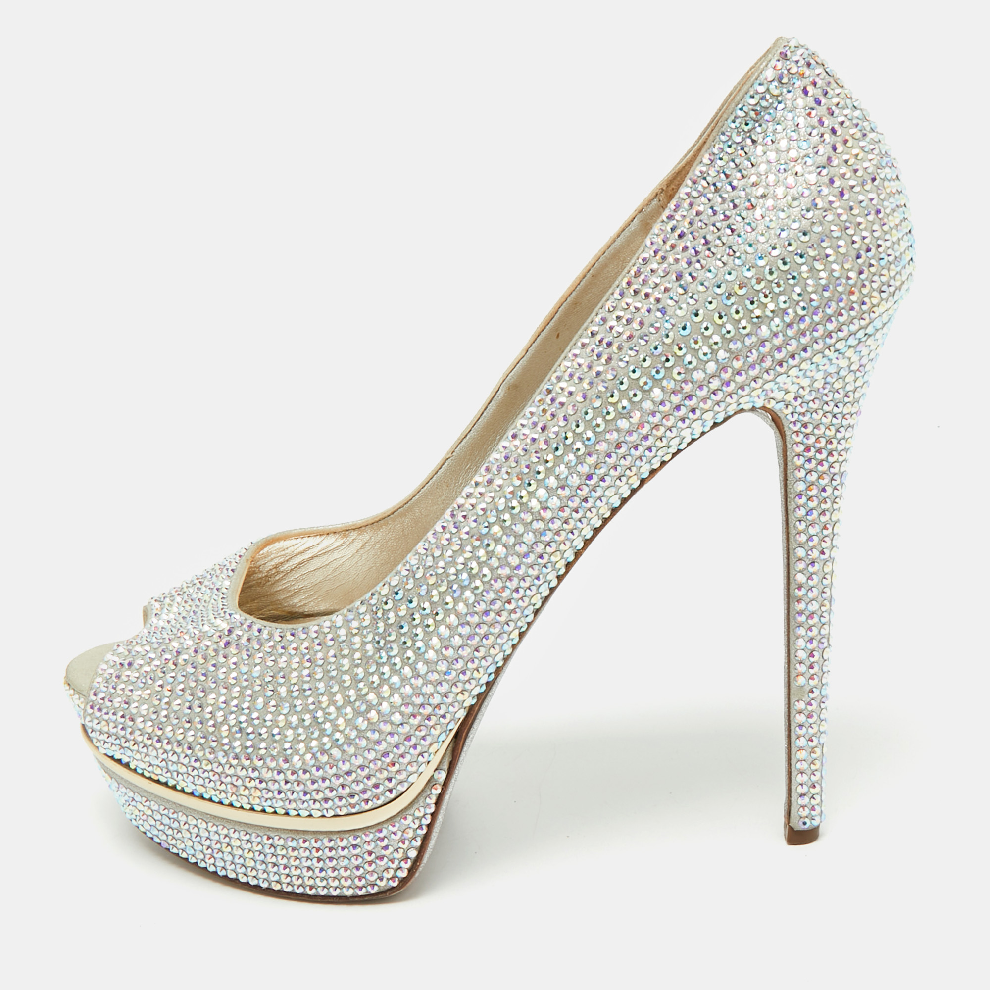 Pre-owned Le Silla Silver Texture Suede And Crystal Embellished Peep Toe Pumps Size 39 In Sand