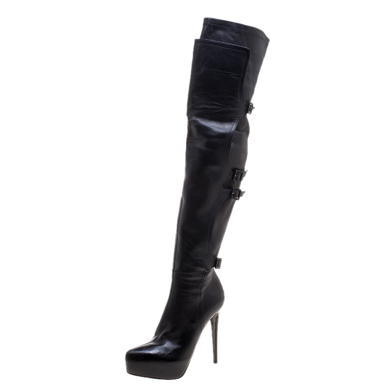 Pre Owned Le Silla Black Stretch Nappa Leather Over The Knee Platform Boots Size 38.5