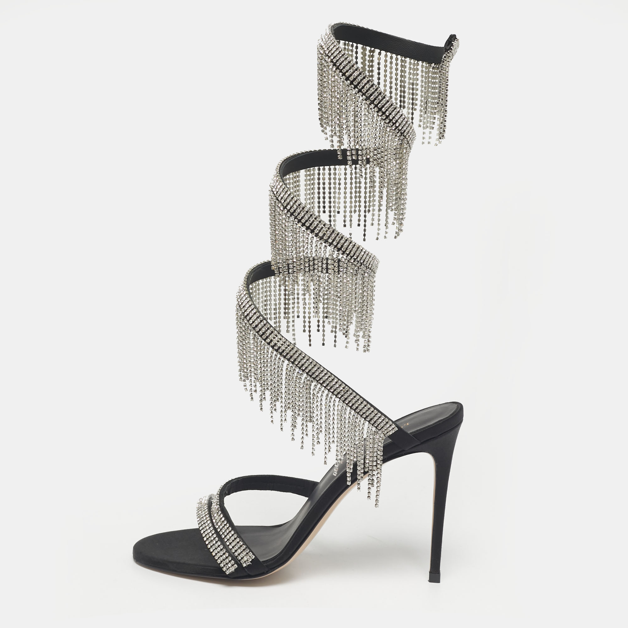 

Le Silla Black Satin Crystal Embellished Jewels Ankle Wrap Sandals Size