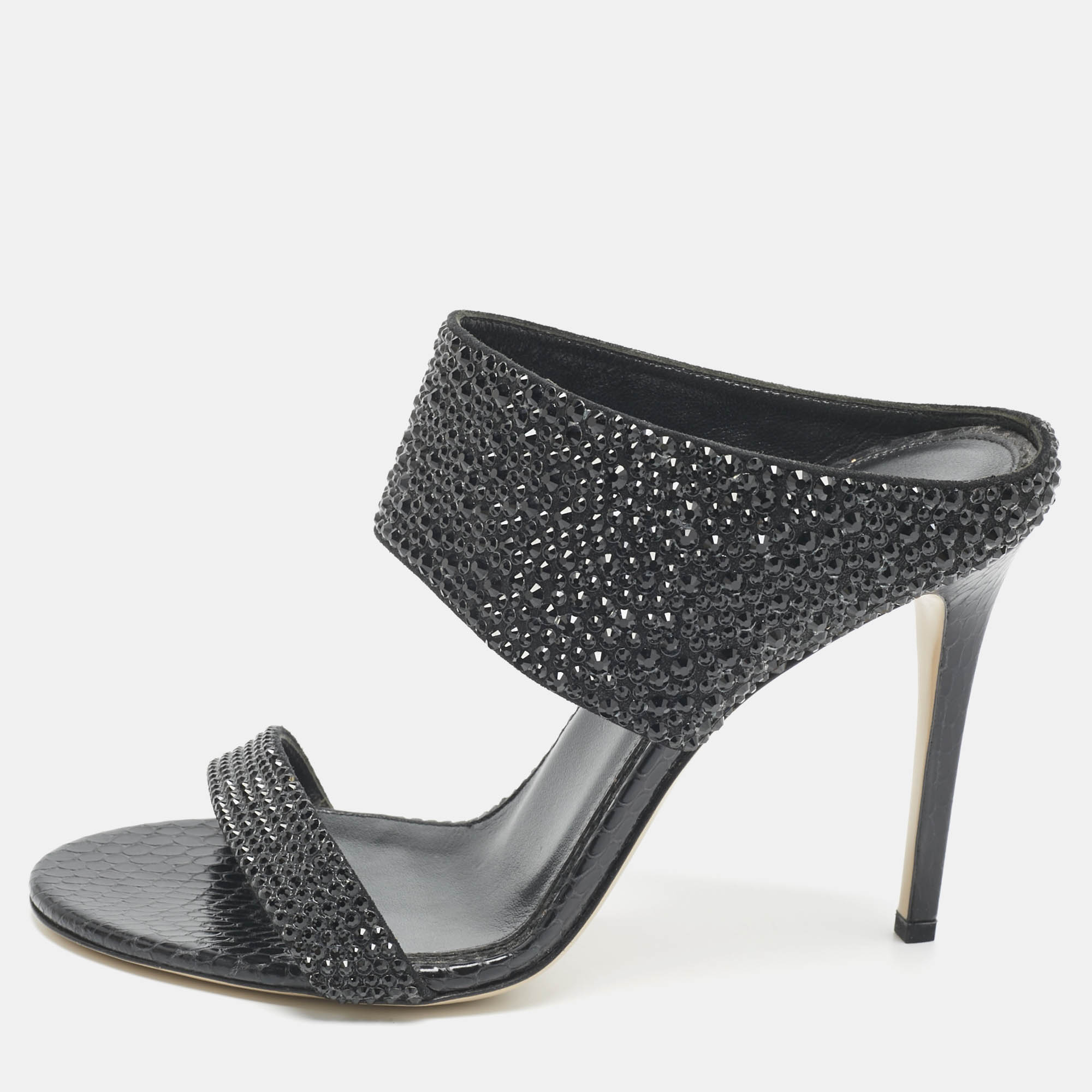 Pre-owned Le Silla Black Snakeskin Embossed Leather And Suede Crystal Embellished Slide Sandals Size 37.5