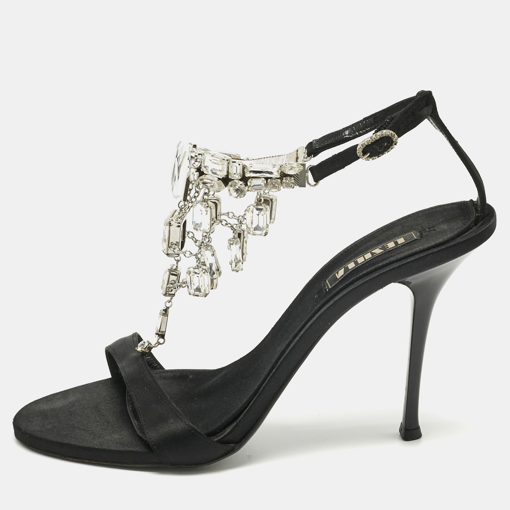 

Le Silla Black Satin Crystal Embellish T-Strap Sandals Size