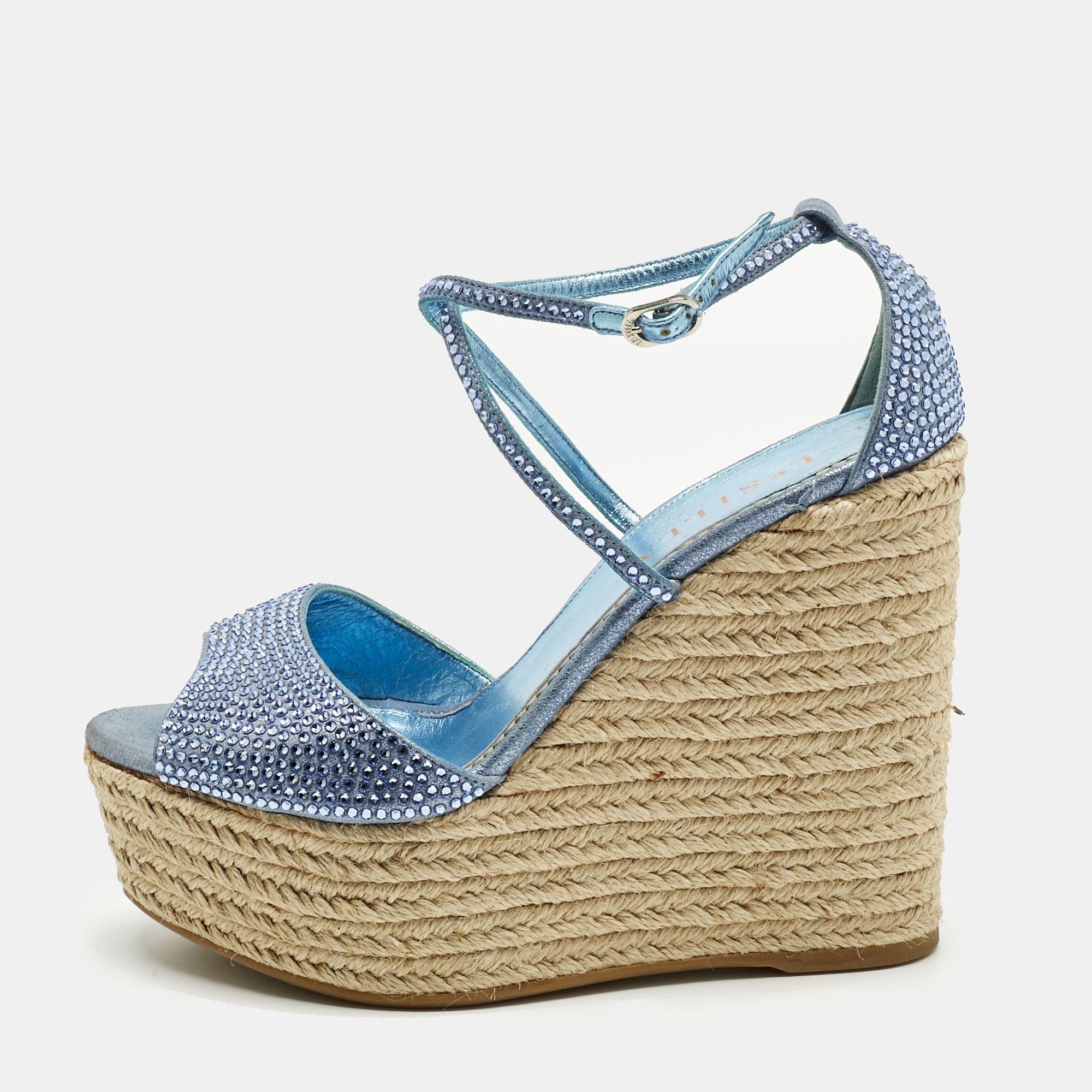 Pre-owned Le Silla Blue Suede Crystal Embellish Espadrille Wedge Sandals Size 36.5