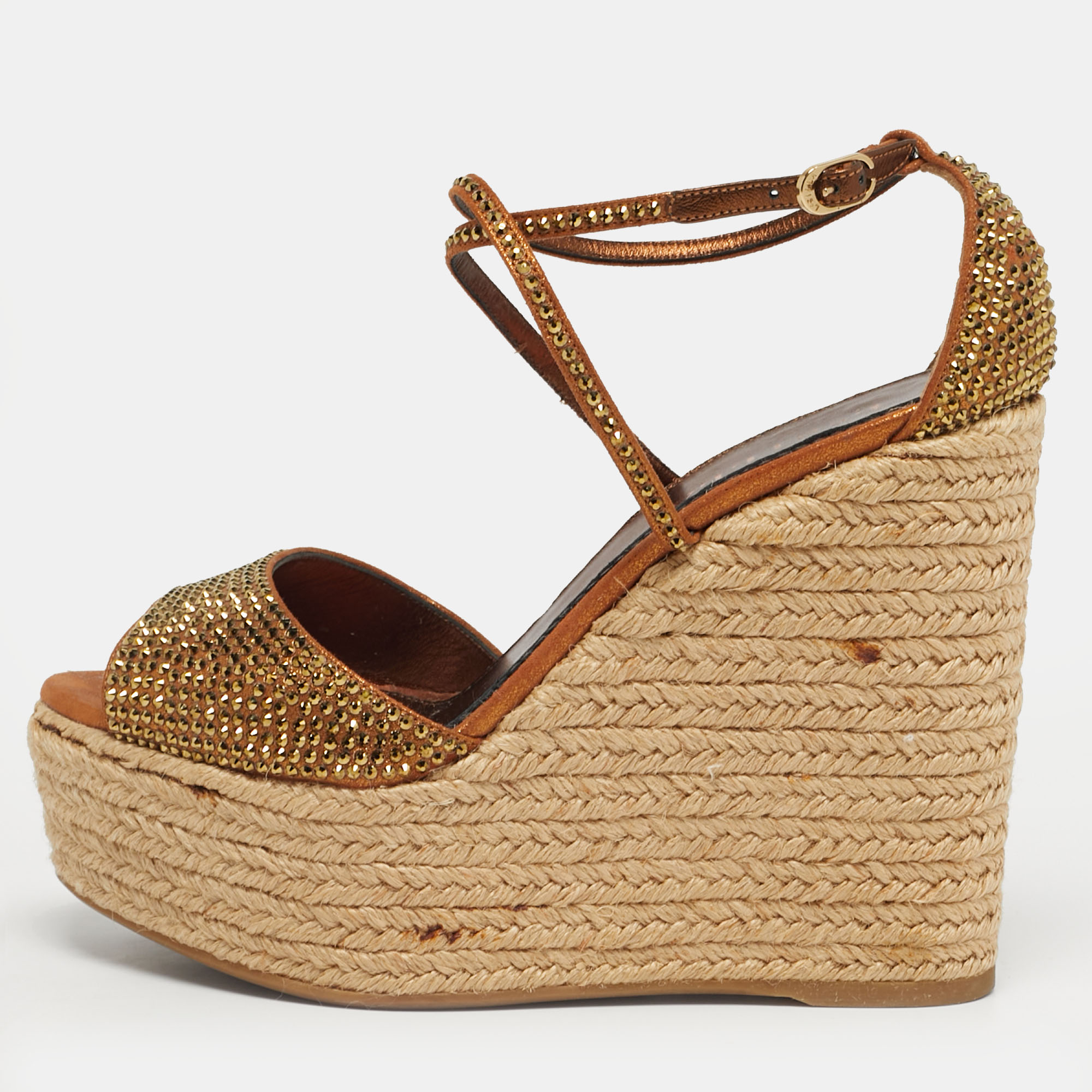 

Le Silla Gold Suede Crystal Embellish Espadrille Wedge Sandals Size