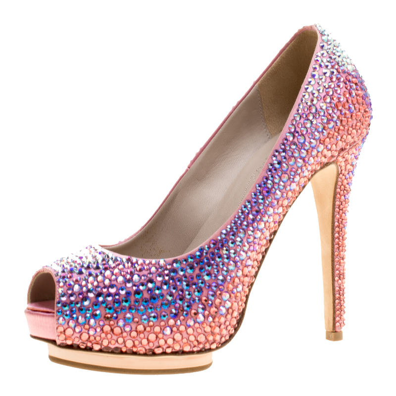 Pre Owned Le Silla Pink Satin and Crystal Embellishment Limited Edition Peep Toe Pumps Size 36