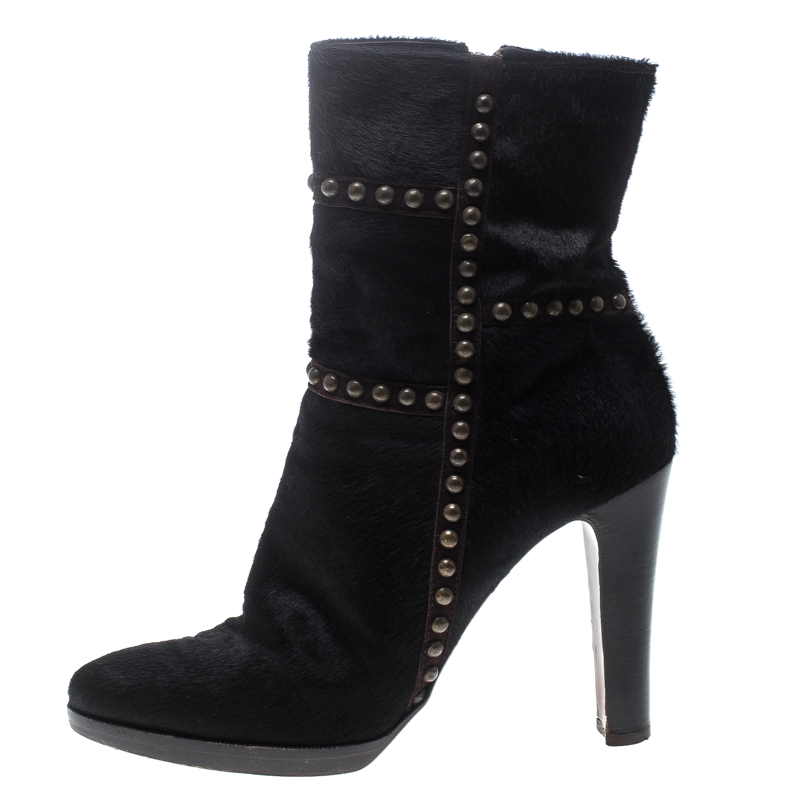 

Le Silla Brown Calf Hair Stud Trim Ankle Boots Size