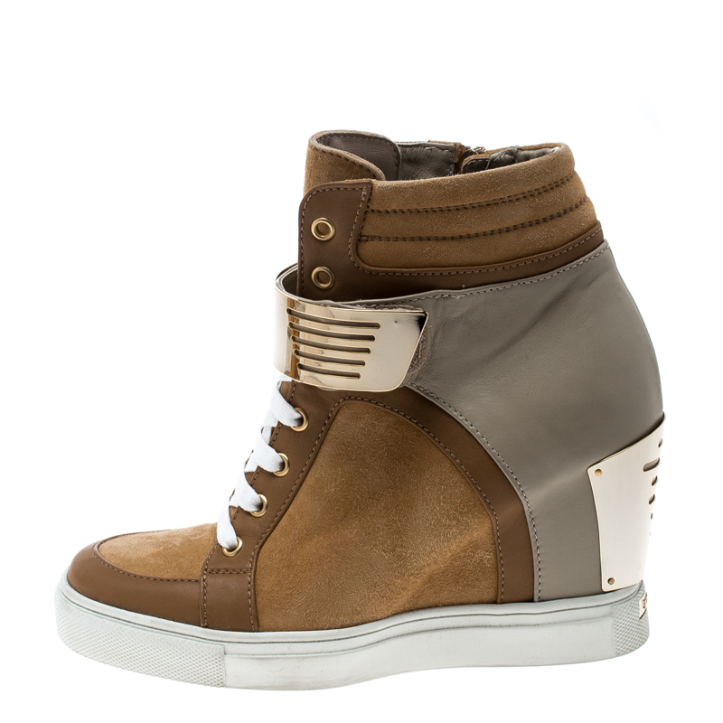 

Le Silla Brown/Grey Leather In Chipow High Top Wedge Sneakers Size