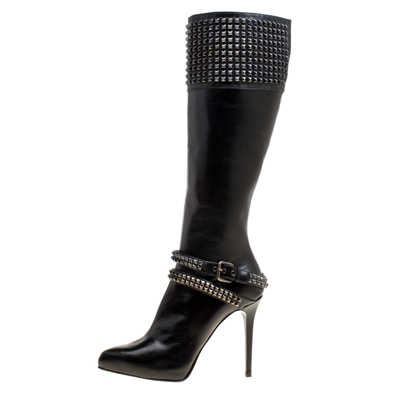 

Le Silla Black Leather Studded Knee Length Boots Size