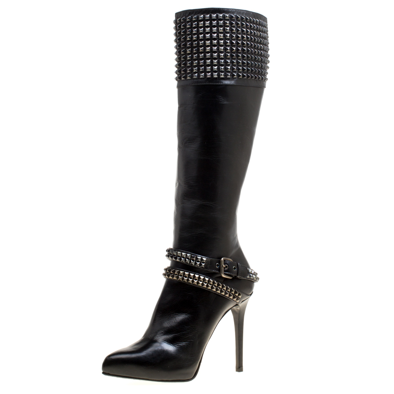 Pre Owned Le Silla Black Leather Studded Knee Length Boots Size 38
